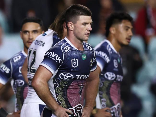 Chad Townsend fumes behind the tryline against the Tigers. Picture: Getty Images