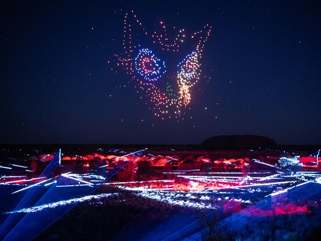 Wintjiri Wiru KurpanyAnangu share the Mala story, from Kaltukatjara to Uluru, through a drone, sound and light show designed and produced by RAMUS.Photo by Getty Images for Voyages Indigenous Tourism Australia.Escape 21 May 2023Kings Canyon destination