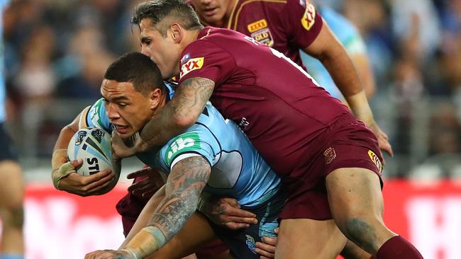 Tyson Frizell of the Blues is tackled during Origin III last year.