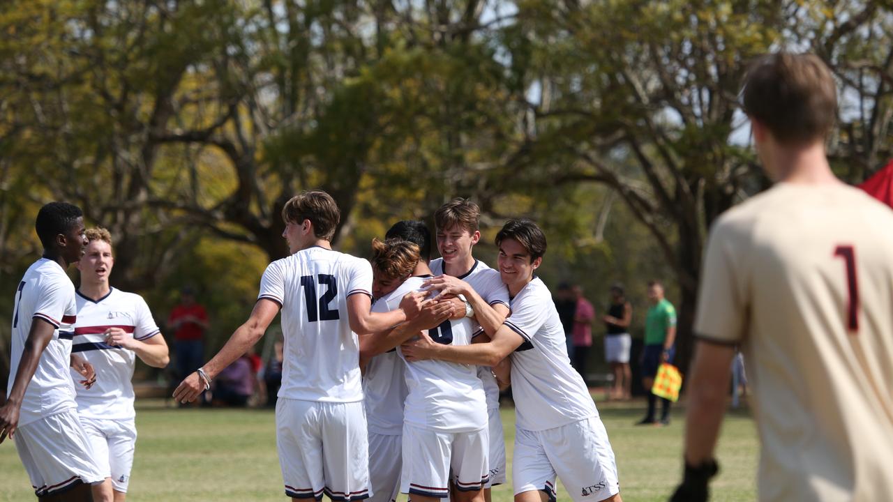 The Southport School celebrates during the GPS First XI football premiership against St Joseph's Gregory Terrace at Tennyson. Picture: TSS