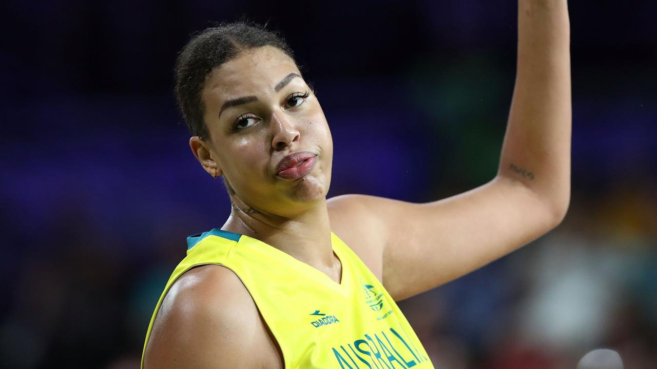 GOLD COAST, AUSTRALIA - APRIL 14: Elizabeth Cambage of Australia reacts during the Women's Gold Medal Game on day 10 of the Gold Coast 2018 Commonwealth Games at Gold Coast Convention Centre on April 14, 2018 on the Gold Coast, Australia. (Photo by Hannah Peters/Getty Images)