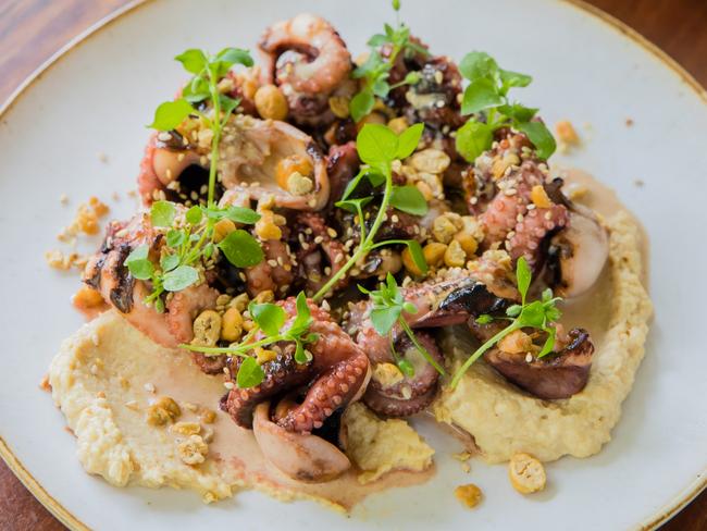 Grilled baby octopus, tahini, hummus, rosemary Chiswick, Sydney For Daily Life Flavour of the Month Image supplied by restaurant