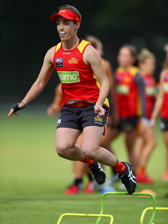 Brittany Perry during a Gold Coast Suns AFLW training session on February 04, 2020 in Gold Coast, Australia. (Photo by Chris Hyde/Getty Images)