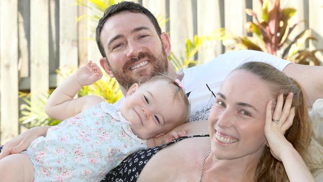 Mum Kristy Saunders-King and husband Andrew Saunders-King with their one-year-old Willow Saunders-King at their Oxenford home. Picture Mike Batterham