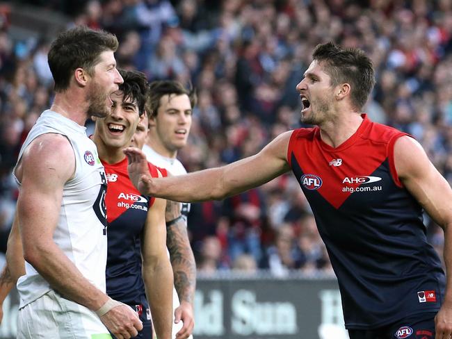 Carlton’s Sam Rowe (left) faced testicular cancer in 2012. Picture: Wayne Ludbey