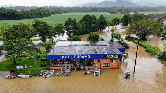 A monsoonal tropical low pressure system has bought devasting widespread flooding to North Queensland and parts of Far North Queensland, with over 700 millimetres of rain recorded in some areas and more wet weather forecast for the region. Flood water laps at the doorstep of the Hotel Euramo, with thirsty locals taking the boat or tinnie to the famous pub forntheir Sunday afternoon beer. Picture: Brendan Radke