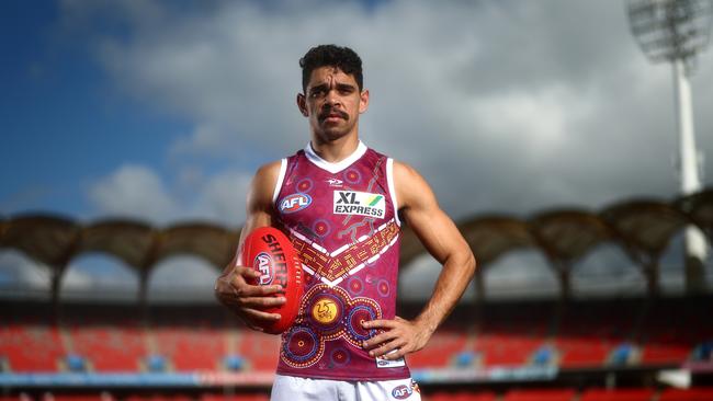 Charlie Cameron displays the Brisbane Lions’ 2022 Indigenous guernsey. Picture: Chris Hyde/Getty Images