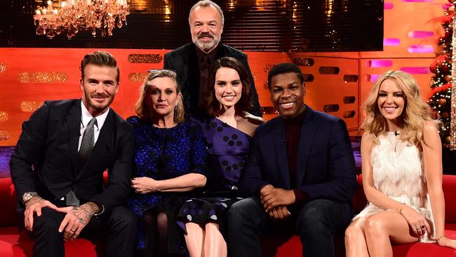 The Graham Norton Show: David Beckham, Carrie Fisher, presenter Graham Norton, Daisy Ridley, John Boyega and Kylie Minogue during the filming of the Graham Norton Show at The London Studios.