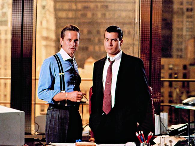 Michael Douglas and Charlie sheen in movie Wall Street. Picture: Supplied