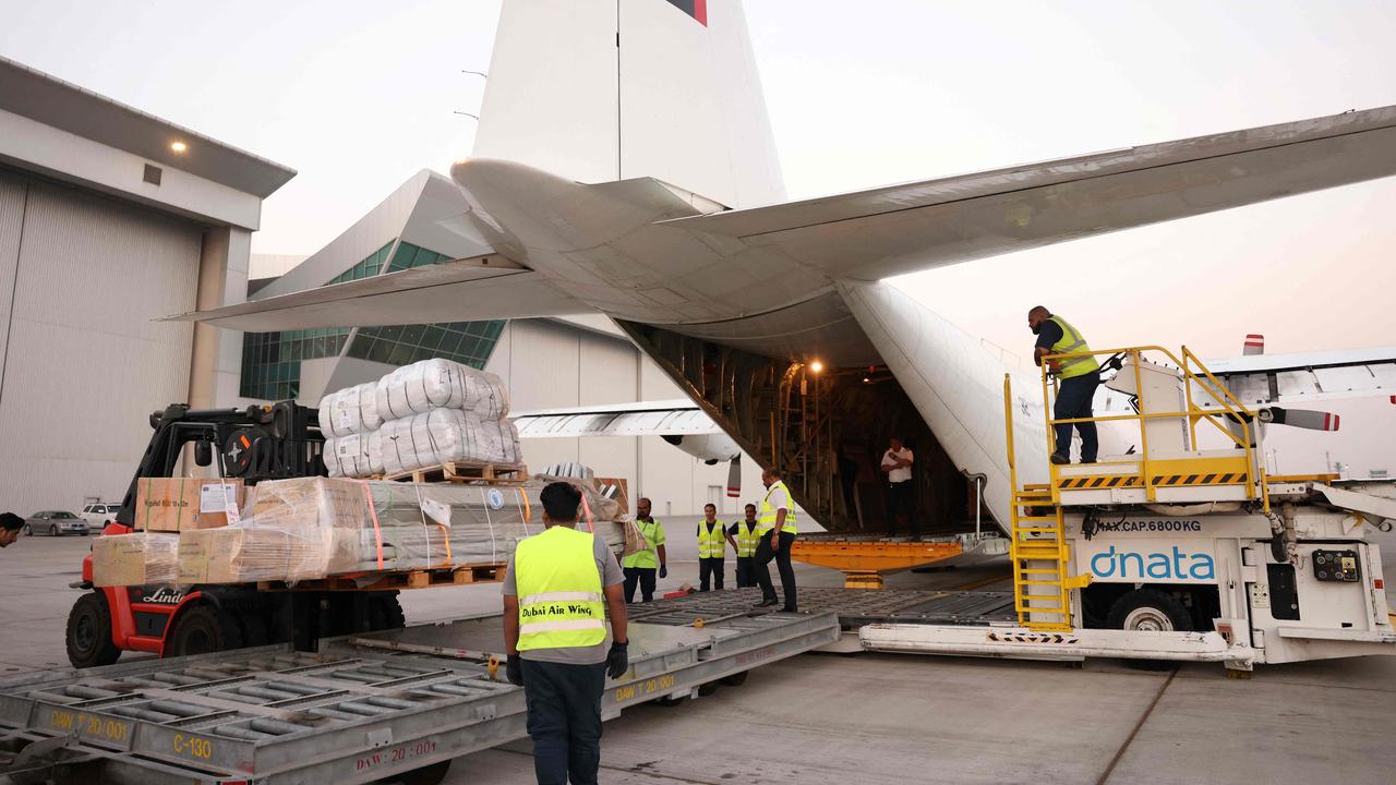 An Emirates cargo plane is loaded with aid for the Palestinian Gaza Strip. Picture: AFP