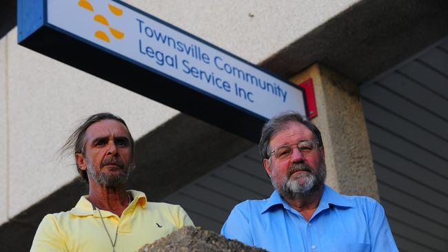 Terry Irving and lawyer Michael O’Keeffe stand outside Community Legal Services in Townsville.