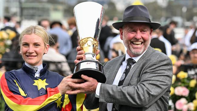 Jamie Kah and Andrew Gluyas after Goldrush Guru won the Penfolds Victoria Derby at Flemington Racecourse on November 02, 2024 in Flemington, Australia. (Photo by George Sal/Racing Photos via Getty Images)