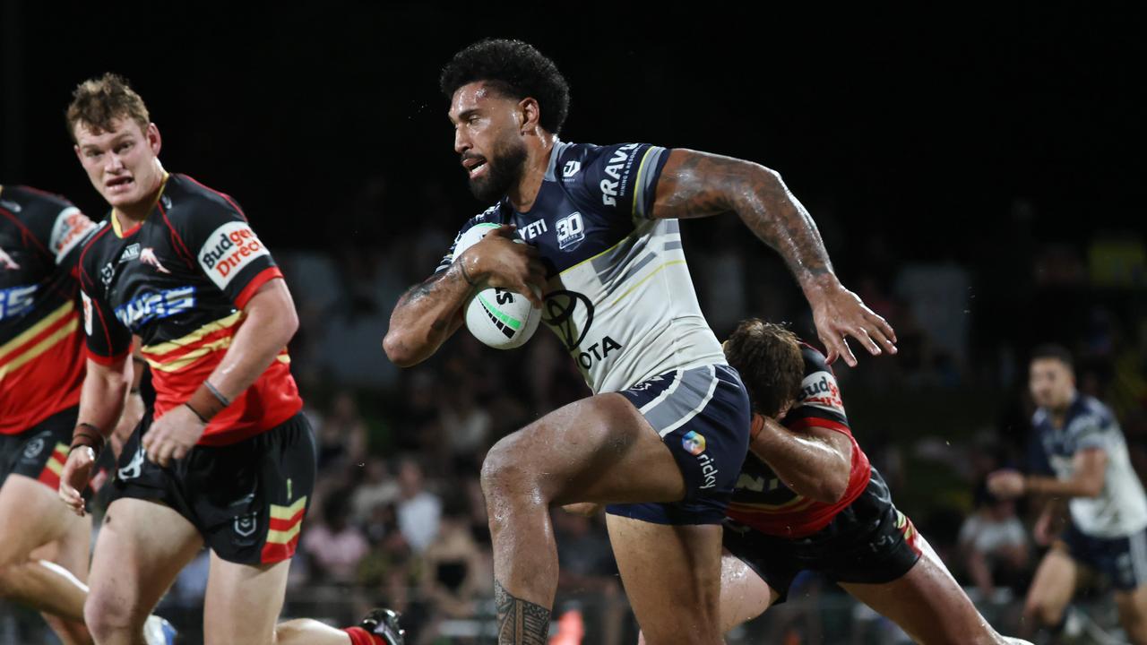 Cowboys' Dane Aukafalou makes a line break in the National Rugby League (NRL) pre season NRL match between the North Queensland Cowboys and the Dolphins, held at Barlow Park. Picture: Brendan Radke