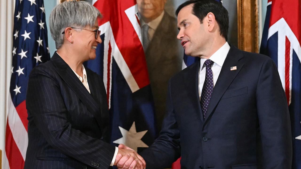 Australian Foreign Minister Penny Wong shakes hands with US Secretary of State Marco Rubio as they meet at the State Department in Washington, DC. Picture: Andrew Caballero-Reynolds/AFP