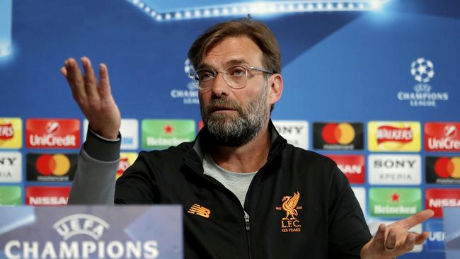 Liverpool coach Jurgen Klopp talks during a press conference before the second leg against Manchester City