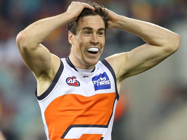 BRISBANE, AUSTRALIA - JUNE 23: Jeremy Cameron of the Giants reacts during the round 14 AFL match between the Brisbane Lions and the Greater Western Sydney Giants at The Gabba on June 23, 2018 in Brisbane, Australia. (Photo by Jono Searle/Getty Images)