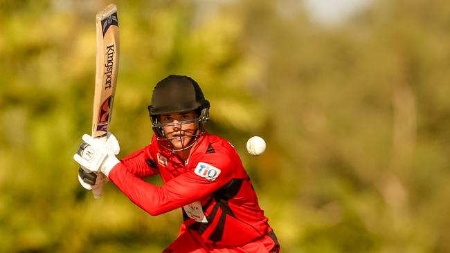 Tim Ward drives through the off side as The Desert Blaze take out the Mens Strike League final against the Hobart Hurricanes at Marrara. Picture GLENN CAMPBELL