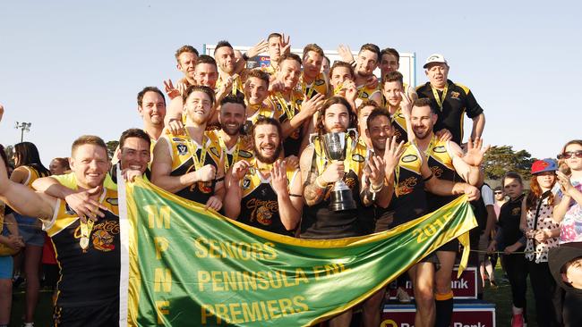 Peninsula league Grand Final - Frankston YCW v Mornington Pictured is Frankston YCW celebrating their win Picture: Paul Loughnan