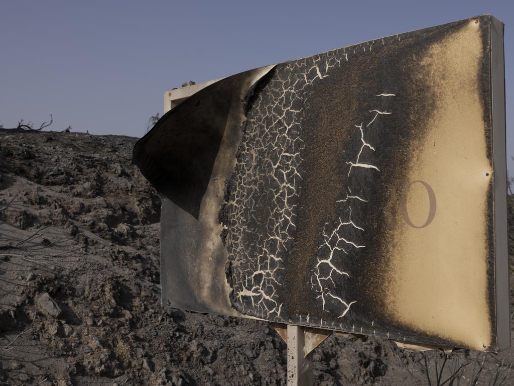 A burnt hotel sign in Gennadi, Rhodes, Greece. Firefighters continue to deal with wildfires on the island of Rhodes as Greece battles fires across the country. Picture: Getty Images