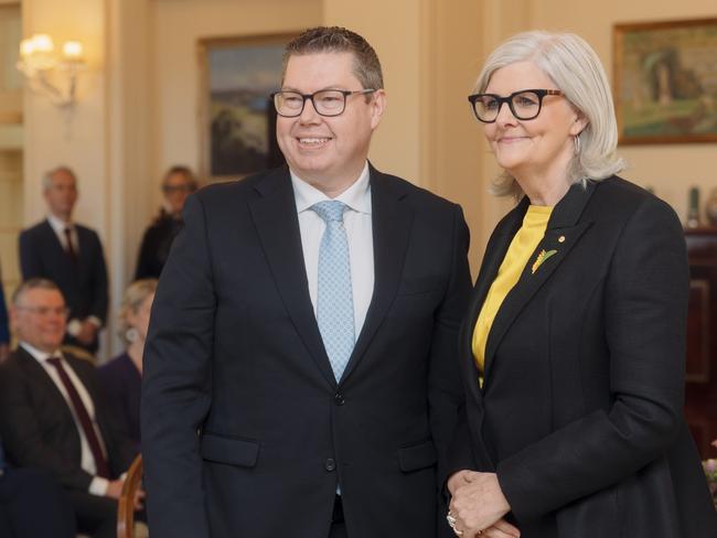 CANBERRA, AUSTRALIA - NewsWire Photos - 29 JULY, 2024:  Defence Industry Minister and Minister for the Pacific Pat Conroy poses for photographs with Australian Governor-General Sam Mostyn during the Federal ministry swearing in ceremony at Government House in Canberra. Picture: NewsWire / David Beach