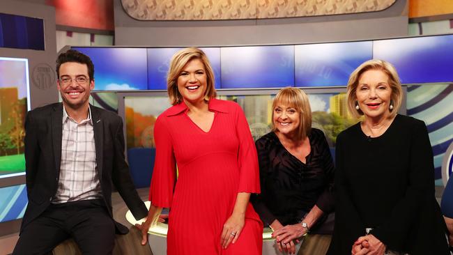 Joe Hildebrand, Sarah Harris, Denise Drysdale and Ita Buttrose on the set of Network Ten's morning program, Studio Ten. Picture: John Feder/The Australian.