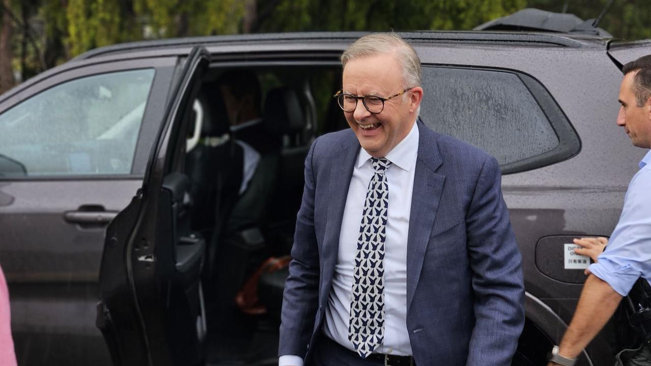 Anthony Albanese visits a fish processing plant at Margate and is met with protesters. On January 17, 2024. Picture: David Killick