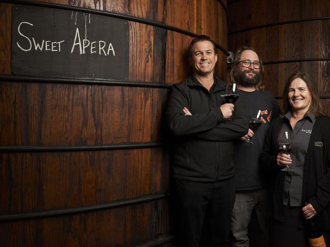 General Manager, Justin Tiller, Winemaker, Ben Heide, and Export Manager, Anna Nuttall at Pattriti in Dover Gardens, Friday, May 6, 2022. Picture: MATT LOXTON