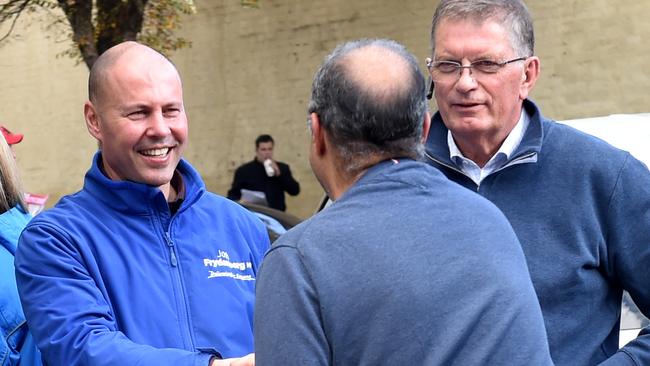 Josh Frydenberg visits the pre-polling booth in Hawthorn, Melbourne, with former Premier of Victoria Ted Baillieu. Picture: NCA NewsWire / Nicki Connolly