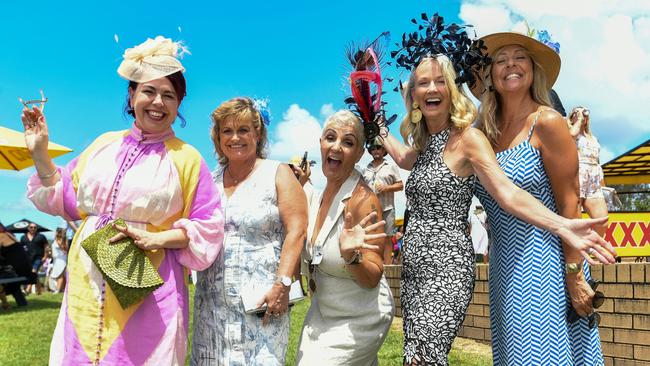 Ballina ladies Patty Gates, Deb Stewart, Trish Hammond and Sally Clarke at the 2023 Ballina Cup races. Picture: Cath Piltz