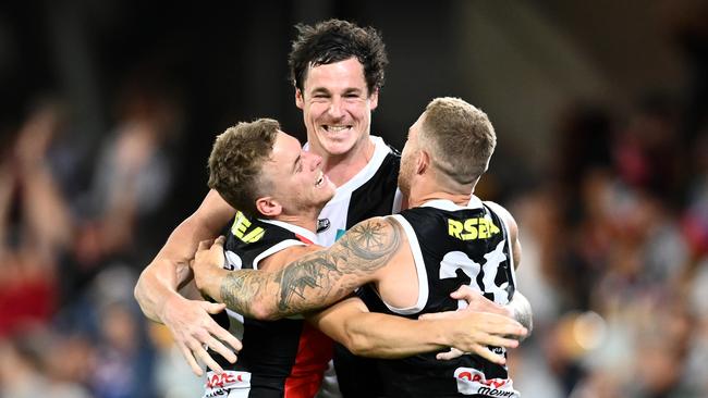 Jack Lonie, Jake Carlisle and Jack Sinclair of the Saints celebrate after they defeated the Bulldogs during Elimination Final match last year. Picture: Quinn Rooney/Getty Images