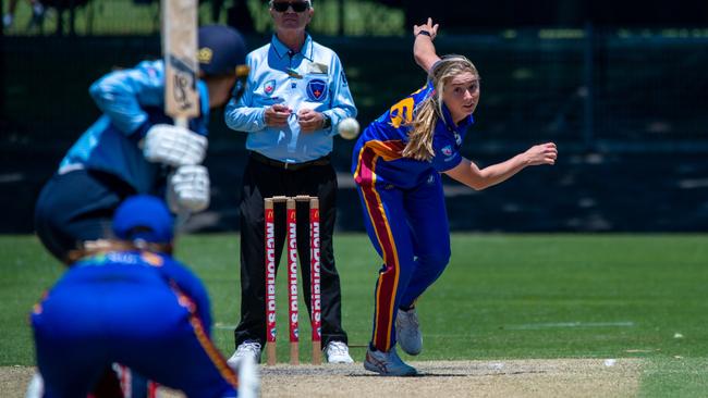 Tara French bowling for Northern District. Picture: Thomas Lisson