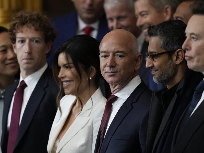 WASHINGTON, DC - JANUARY 20: Guests including Mark Zuckerberg, Lauren Sanchez, Jeff Bezos, Sundar Pichai and Elon Musk attend the Inauguration of Donald J. Trump in the U.S. Capitol Rotunda on January 20, 2025 in Washington, DC. Donald Trump takes office for his second term as the 47th president of the United States. (Photo by Julia Demaree Nikhinson - Pool/Getty Images)