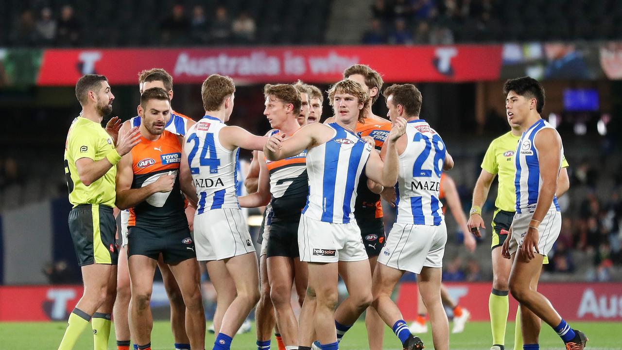 Horne-Francis was in the middle of the push and shove. Photo by Michael Willson/AFL Photos via Getty Images