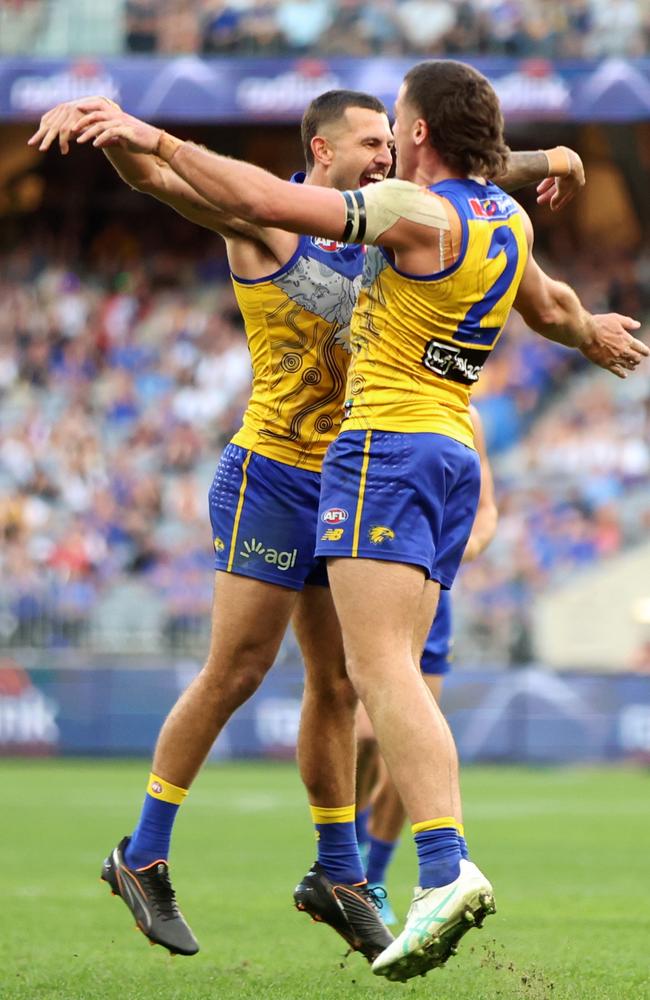 Jack Graham and Jack Waterman celebrate during the win. Picture: Janelle St Pierre/AFL Photos