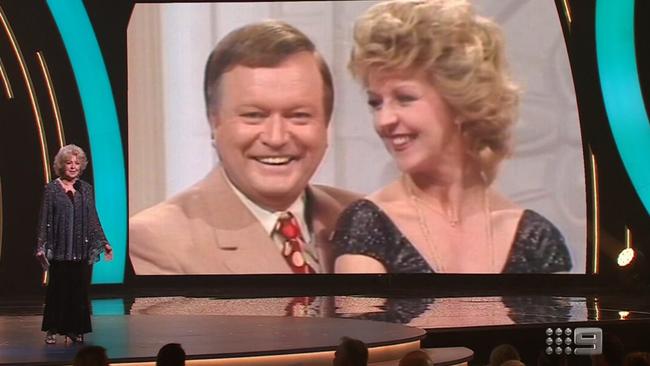 Patti Newton spoke about her late husband, Bert Newton, at the Logies, during an emotional tribute to the late TV star. Picture: Nine