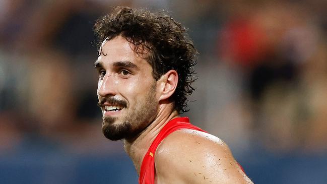 DARWIN, AUSTRALIA - MAY 16: Ben King of the Suns celebrates a goal during the 2024 AFL Round 10 match between The Gold Coast SUNS and The Geelong Cats at TIO Stadium on May 16, 2024 in Darwin, Australia. (Photo by Michael Willson/AFL Photos via Getty Images)