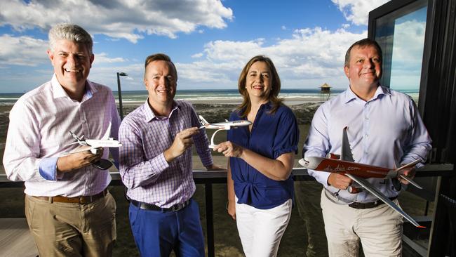 Stirling Hinchliffe, Chris Mills (Gold Coast Airport CEO), Premier Annastacia Palaszczuk and Gert-Jan de Graaff (Brisbane Airport CEO. Picture: NIGEL HALLETT