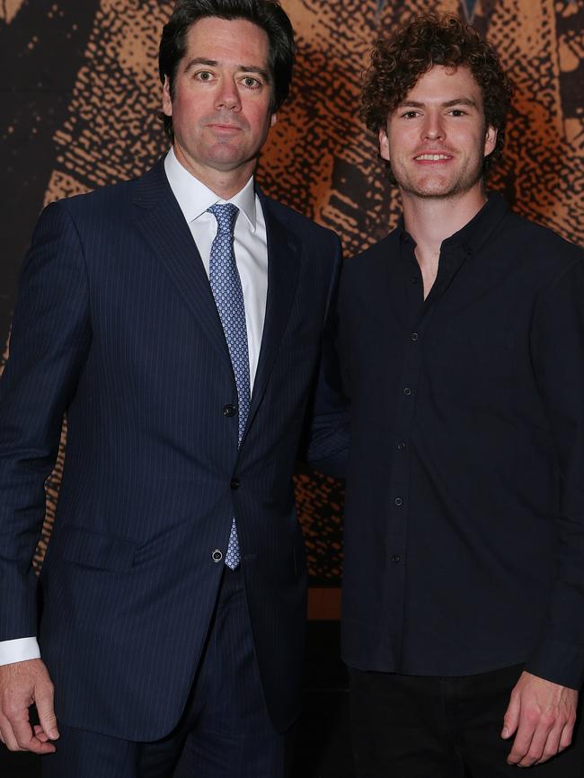 AFL boss Gill McLachlan with Vance Joy. Picture: Julie Kiriacoudis