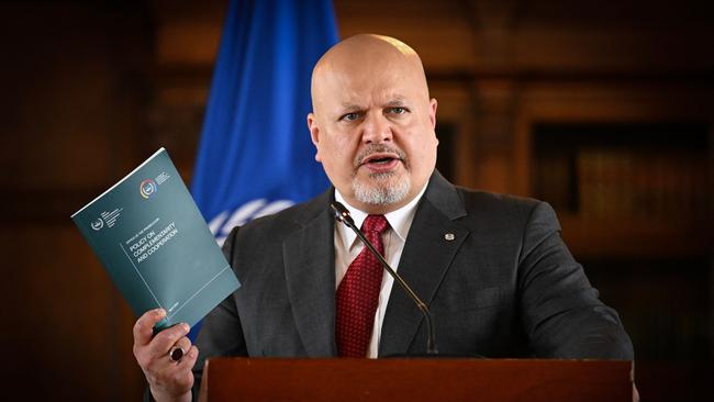 International Criminal Court prosecutor Karim Khan speaks during a press conference at the San Carlos Palace in Bogota.