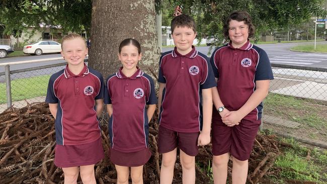 Nanango State School vice-captain Suzie Downie, school captains Ada Kurz and Ezra Richardson, student council president Tiffany Cook