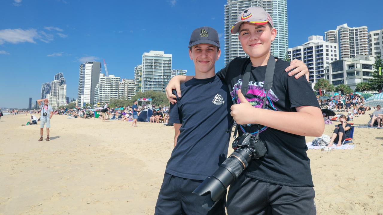 Declan Roberts and Oscar Robertson enjoying the inaugural Pacific Air Show over Surfers Paradise. Picture: Glenn Campbell