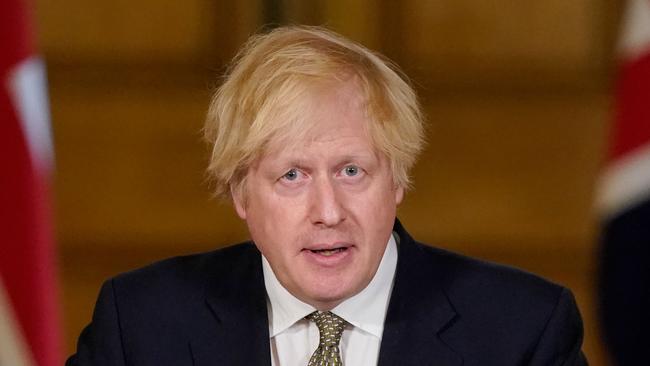 UK Prime Minister Boris Johnson speaking during a remote press conference to update the nation on the COVID-19 pandemic, inside 10 Downing Street in central London. Picture: 10 Downing Street