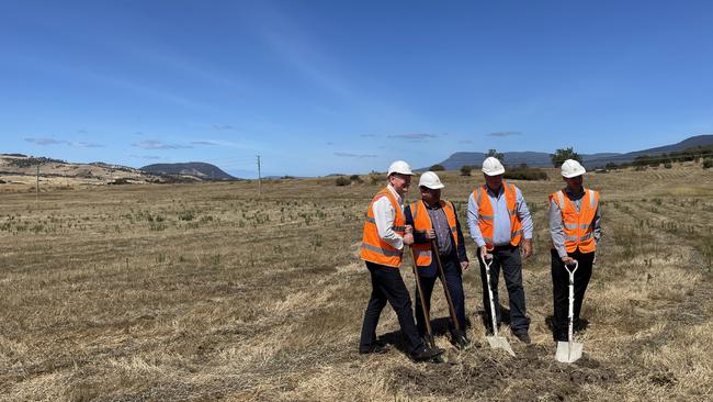 L-R Education Minister Roger Jaensch, Brighton Mayor Leigh Gray, Liberal Lyons MP John Tucker and Fairbrother southern Tasmania manager Phillip de Jong turning the first sod for the new Brighton High School. Picture: File