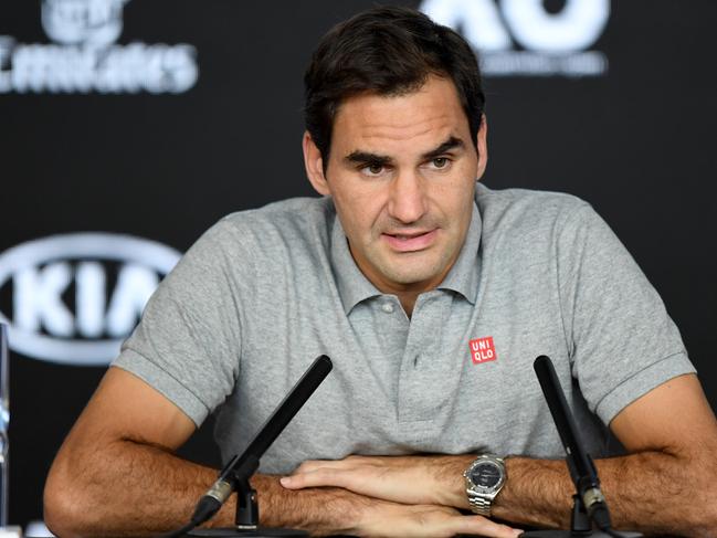 MELBOURNE, AUSTRALIA - JANUARY 30: Roger Federer of Switzerland speaks during his post match press conference on day eleven of the 2020 Australian Open at Melbourne Park on January 30, 2020 in Melbourne, Australia. (Photo by Morgan Hancock/Getty Images)