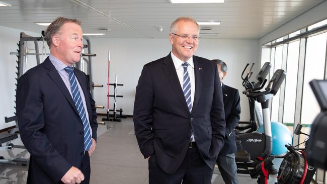 Australian Prime Minister Scott Morrison tours new Toll ship, Tasmanian Achiever II, with Tasmanian Premier Will Hodgman in Burnie, Tasmania on Sunday. (AAP Image/Grant Wells) 