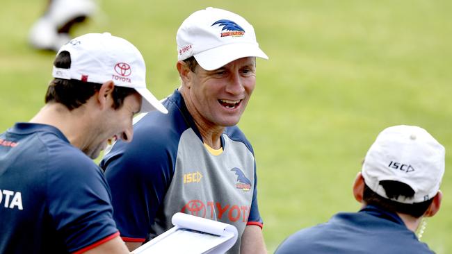 Crows coach Don Pyke speaks with his football staff during training at Thebarton Oval this pre-season. Picture: Sam Wundke (AAP).