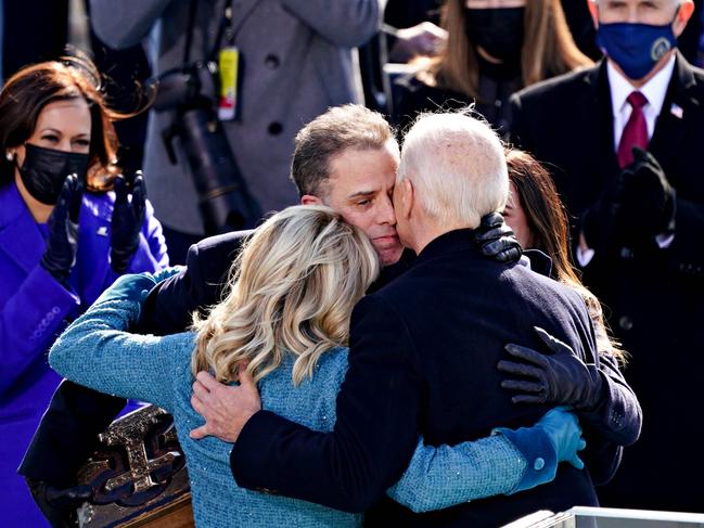 US President Joe Biden (embraces his son Hunter Biden and First Lady Jill Biden after being sworn in during the 59th presidential inauguration in Washington. Picture: AFP