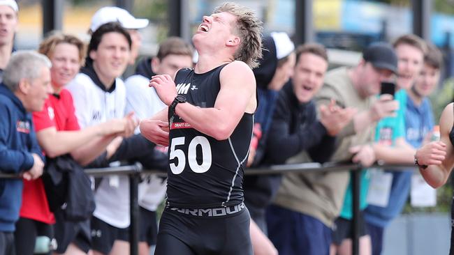 Rantall crosses the finish line having shaved 14 seconds off the best ever 2km time at the AFL Draft Combine. Picture: Michael Klein