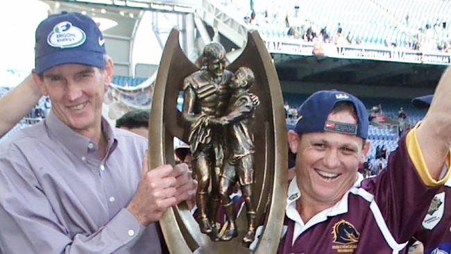 Coach Wayne Bennett and captain Kevin Walters celebrate their win at the end of the Brisbane Broncos v Sydney Roosters 2000 NRL Grand Final at Stadium Australia, Olympic Park, Homebush, Sydney 27/08/2000.