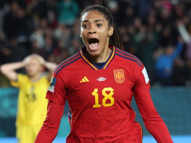 Spain's forward #18 Salma Paralluelo celebrates scoring her team's first goal during the Australia and New Zealand 2023 Women's World Cup semi-final football match between Spain and Sweden at Eden Park in Auckland on August 15, 2023. (Photo by Marty MELVILLE / AFP)